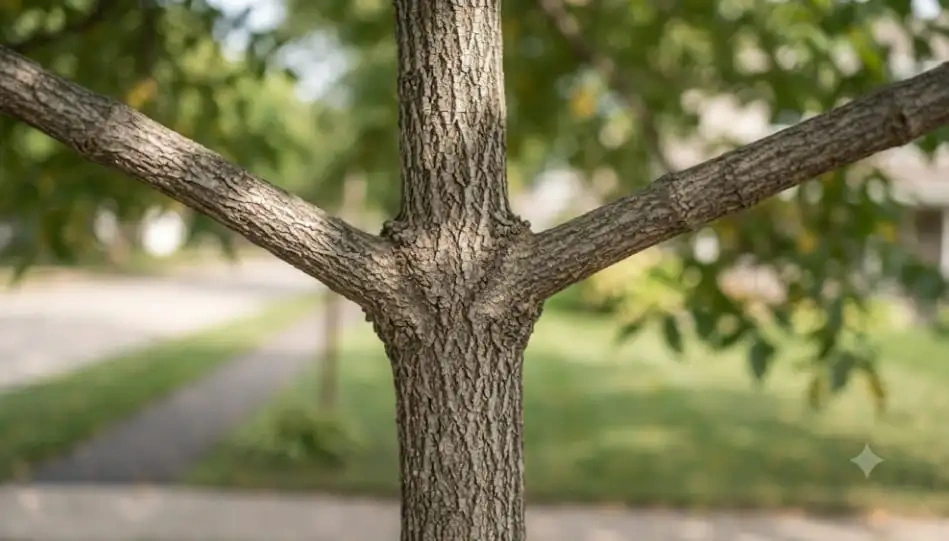 Epicormic sprouts growing from the main trunk of a stressed ash tree.