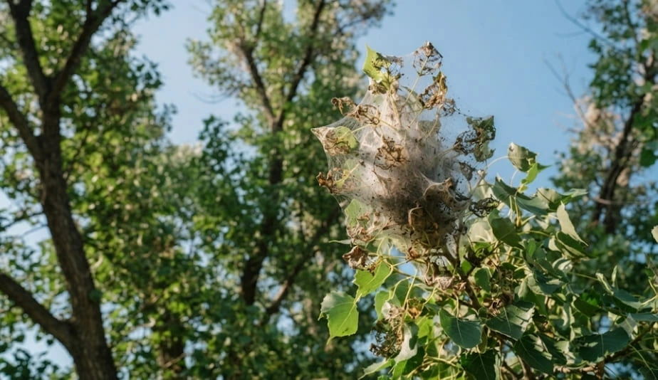 A large, silken tent-like web filled with skeletonized leaves and caterpillars, spun around a branch of a deciduous tree against a blue sky.