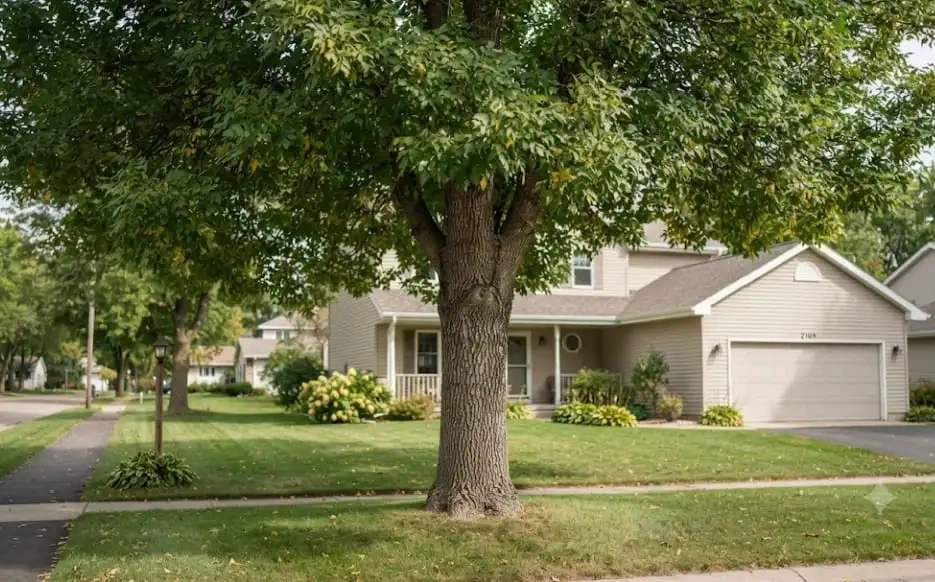 A healthy, full-canopy ash tree in a suburban yard.