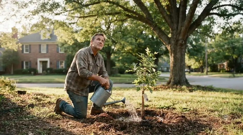 Young builder-planted tree being watered in a new Harrisburg, SD subdivision