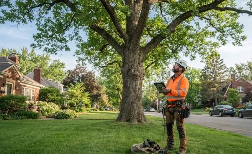 An ISA Certified Arborist in South Dakota conducting a professional tree health inspection using a tablet.