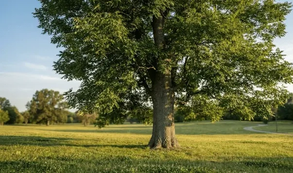 Mature, healthy ash tree standing in a field after treatment.