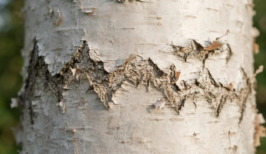 Close-up texture of white, papery birch bark peeling and curling horizontally, revealing a reddish-brown inner layer.