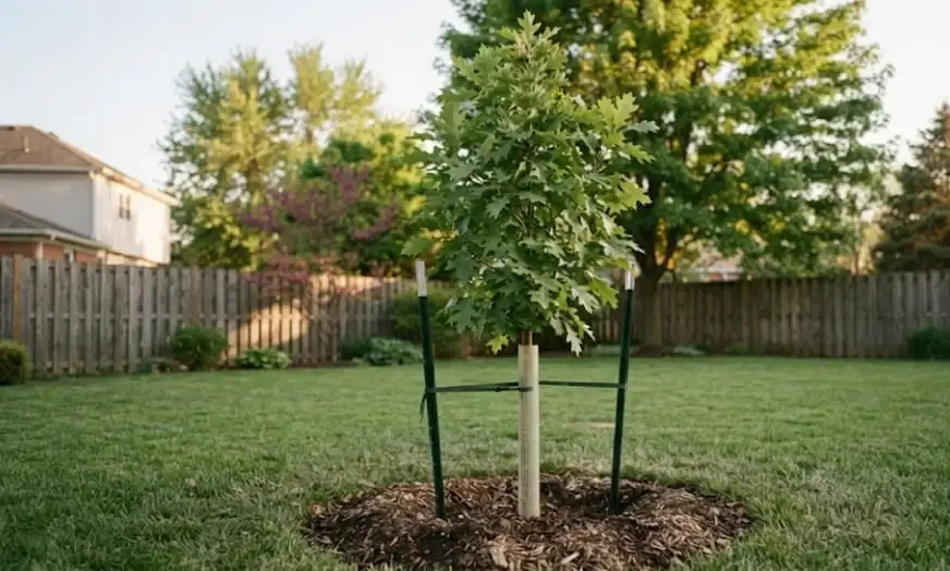 Newly planted replacement sapling braced in a Brandon, SD front yard boulevard