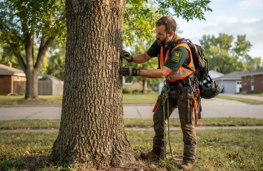 An ISA Certified Arborist inspecting an ash tree for emerald ash borer signs in Sioux Falls, SD.