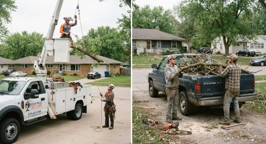 Tree crew loading branch debris for haul-away from a Harrisburg, SD property