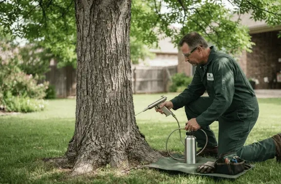 Certified arborist injecting an ash tree to stop emerald ash borer infestation.