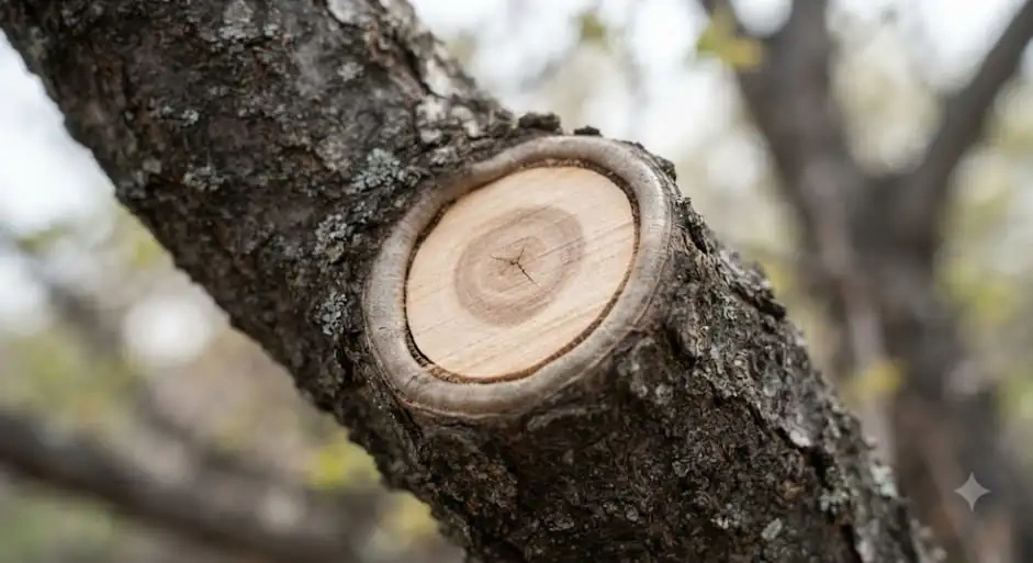 A close-up of a clean, healthy tree branch cut, showing the expertise of ISA Certified Arborists vs. Unlicensed Tree Crews.