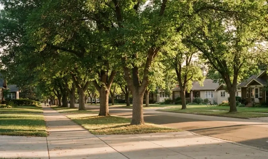 Boulevard trees lining a residential street in Brandon, SD, between the curb and the sidewalk
