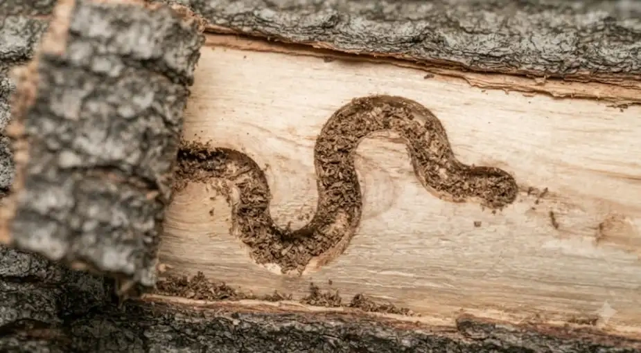 S-shaped emerald ash borer larval galleries under bark on a Crooks, SD ash tree