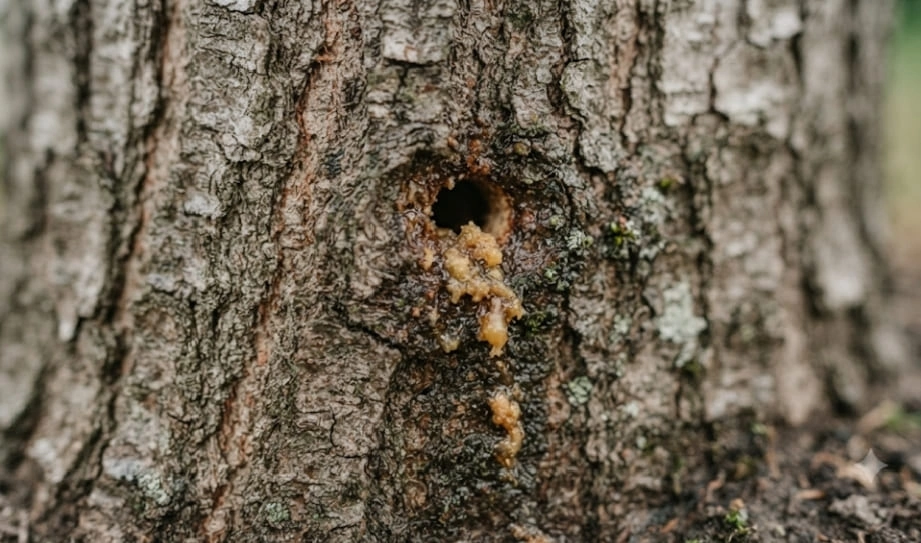 Close-up of a round, dark hole in tree bark with a thick stream of amber-colored sap bleeding and dripping down the trunk below it.