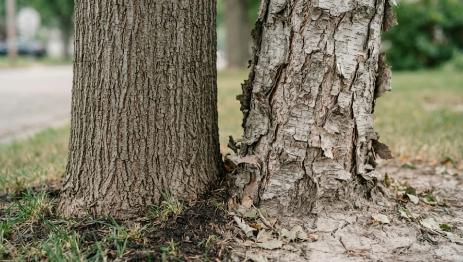A close-up of the base of an ash tree trunk showing large sections of bark sloughing (peeling) off in strips, revealing the wood underneath.