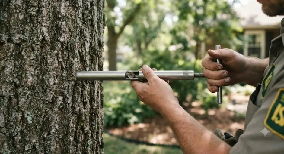 An arborist using a growth increment borer to test tree health in South Dakota.