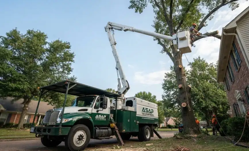 Arborist in a bucket truck performing tree removal
