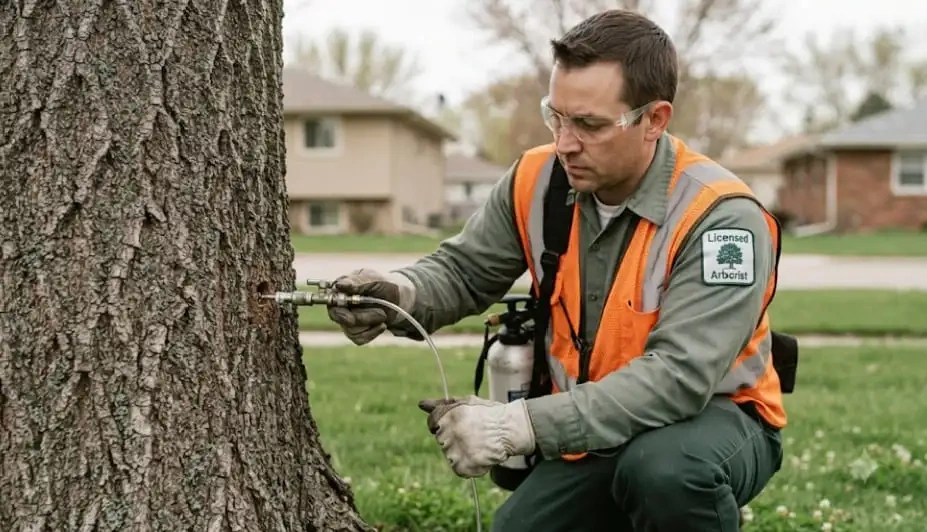 Licensed applicator giving an ash tree a trunk injection for emerald ash borer in Brandon, SD