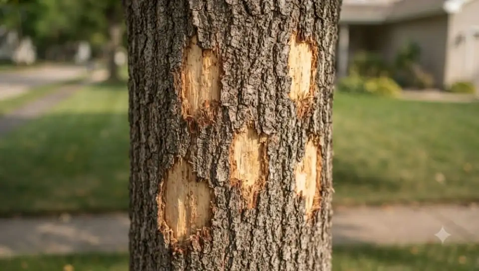 Heavy woodpecker damage (flecking) on the bark of an ash tree.